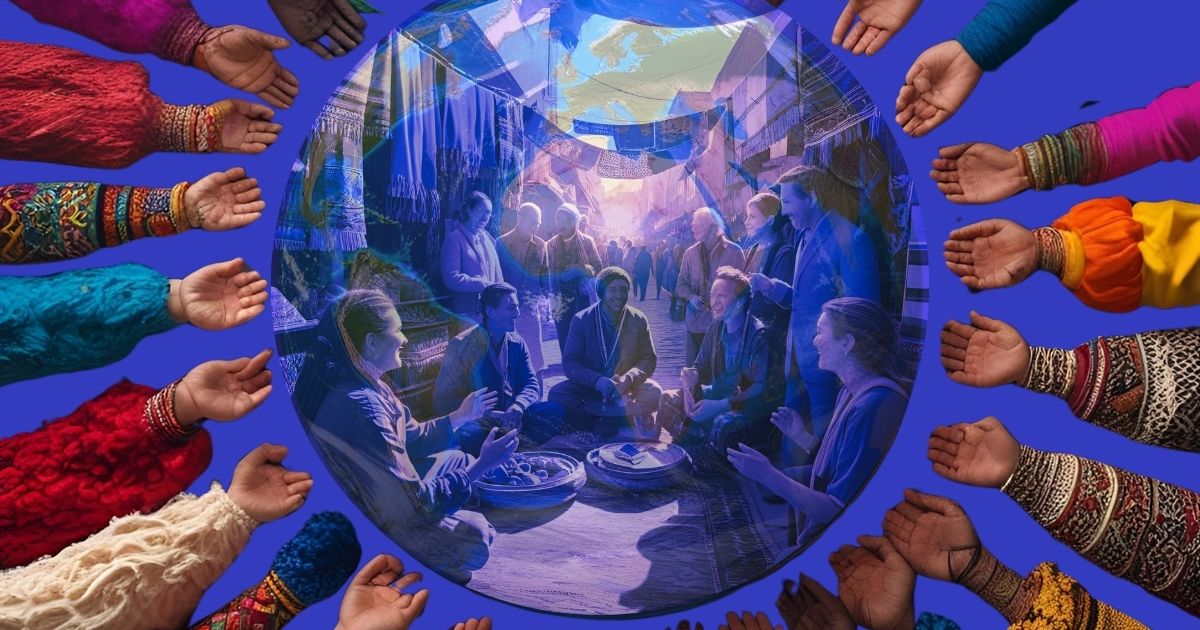 Une ronde de mains de toutes les cultures autour d'un rond planétaire où des personnes assises et debout échangent en souriant