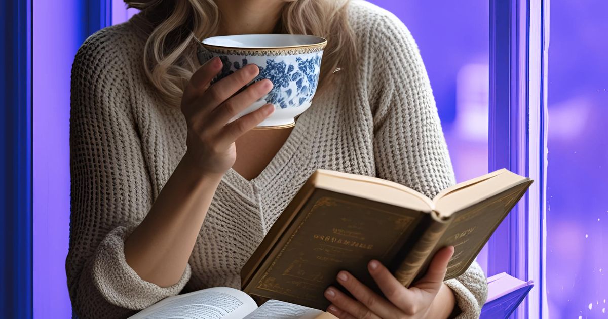 Femme lisant un livre tout en buvant une boisson chaude
