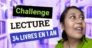 Eva Lee dans une bibliothèque avec les mots "Challenge lecture, 34 livres en un an"
