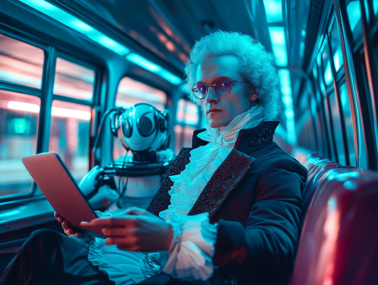 Robespierre consulte un ordinateur portable dans un train, aux côtés d'un robot humanoïde - illustration de l'époque contemporaine