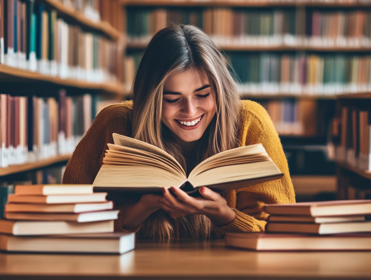 Lectrice souriante dans une bibliothèque, en train de lire un livre