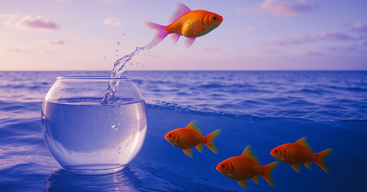 Un poisson rouge s'évade de son bocal pour rejoindre d'autres poissons dans la mer