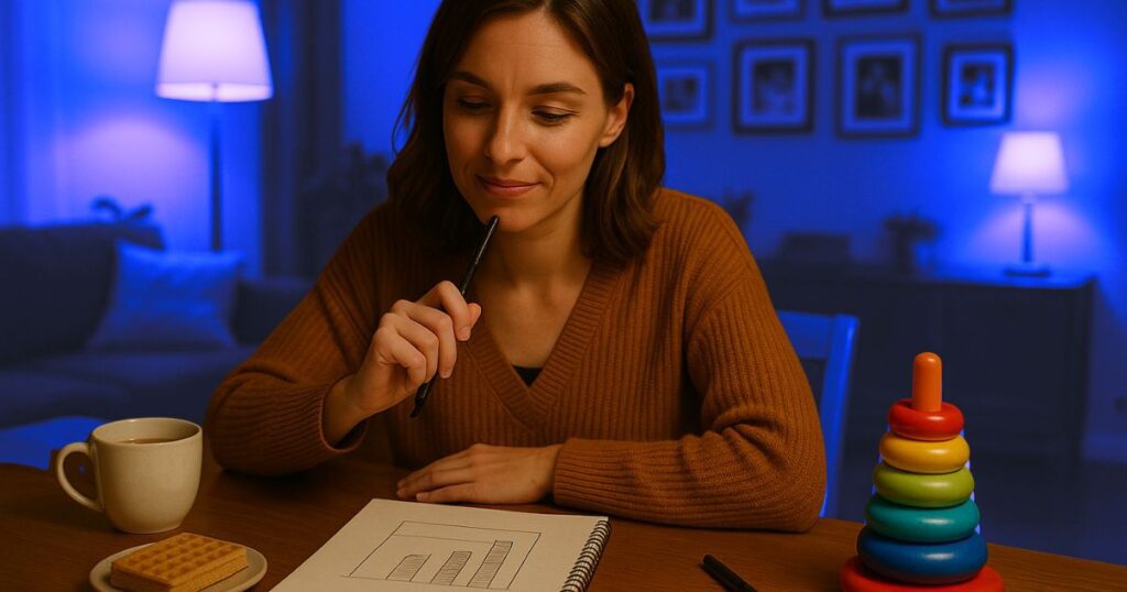 Une femme remplit un tableau dans un carnet.