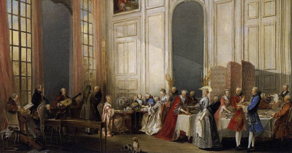 Tableau typique du XVIIIe siècle, décrivant Mozart à la cour royale du prince de Conti