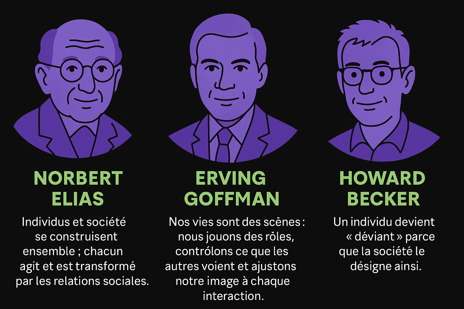 Infographie présentant 3 sociologues contemporains : Elias, Goffman, Becker