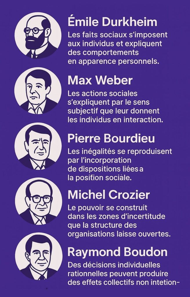 Infographie montrant les apports des 5 sociologues majeurs à connaitre : Durkheim, Weber, Bourdieu, Crozier et Boudon