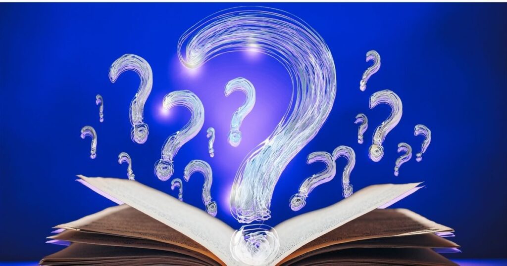 Un livre ouvert avec des points d'interrogations, symbolisant les 6 questions à se poser face aux sujets complexes