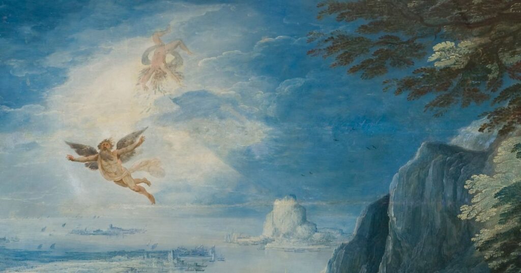 Détail d'une peinture de Joos de Momper, Paysage avec la chute d’Icare (vers 1620)