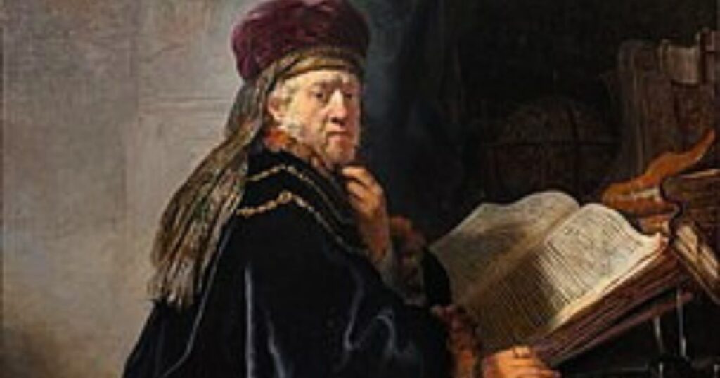 Détail d'une peinture de Rembrandt : "Le Savant à son bureau", vers 1640