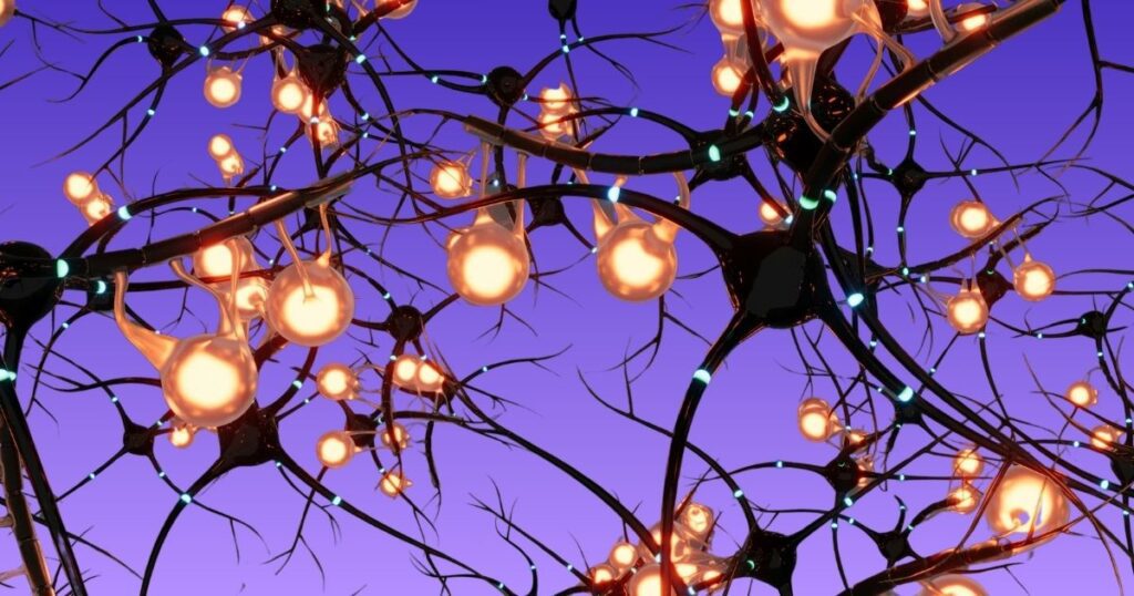 Réseau de neurones avec connexions synaptiques lumineuses, illustration des messagers chimiques