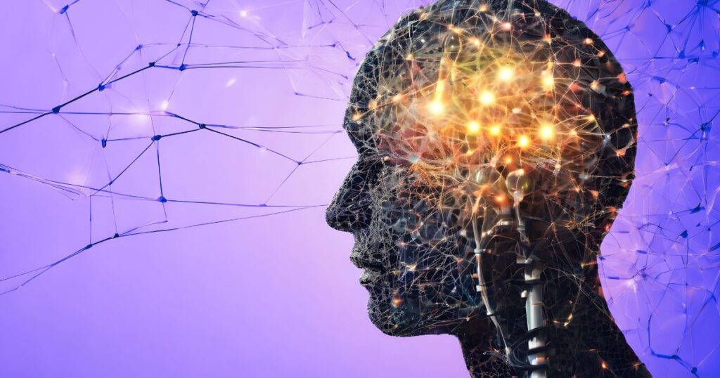 Illustration avec un profil d'humain et les neurones de son cerveau allumés comme des ampoules