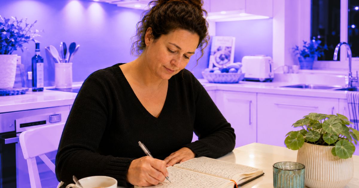 Une femme écrit dans un carnet dans une cuisine bien rangée, pour retenir ce qu'elle a appris