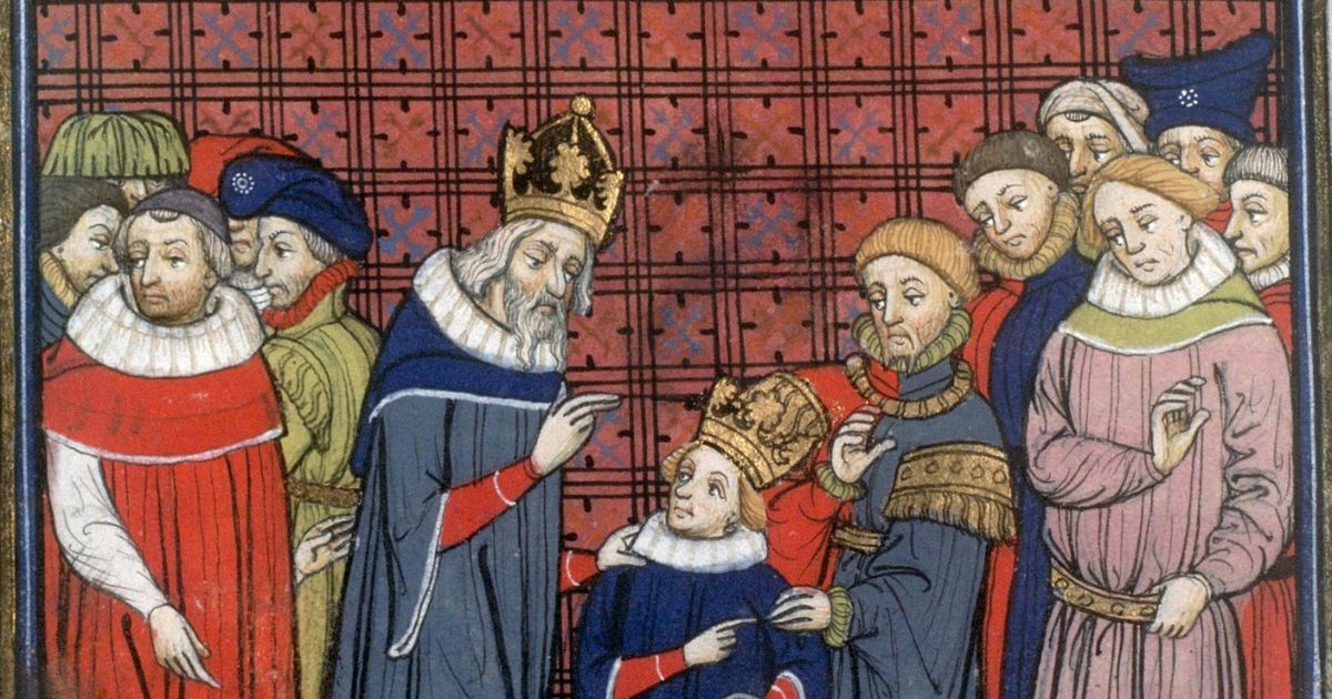 Sur une miniature, Charlemagne instruit son fils, Louis le Pieu.