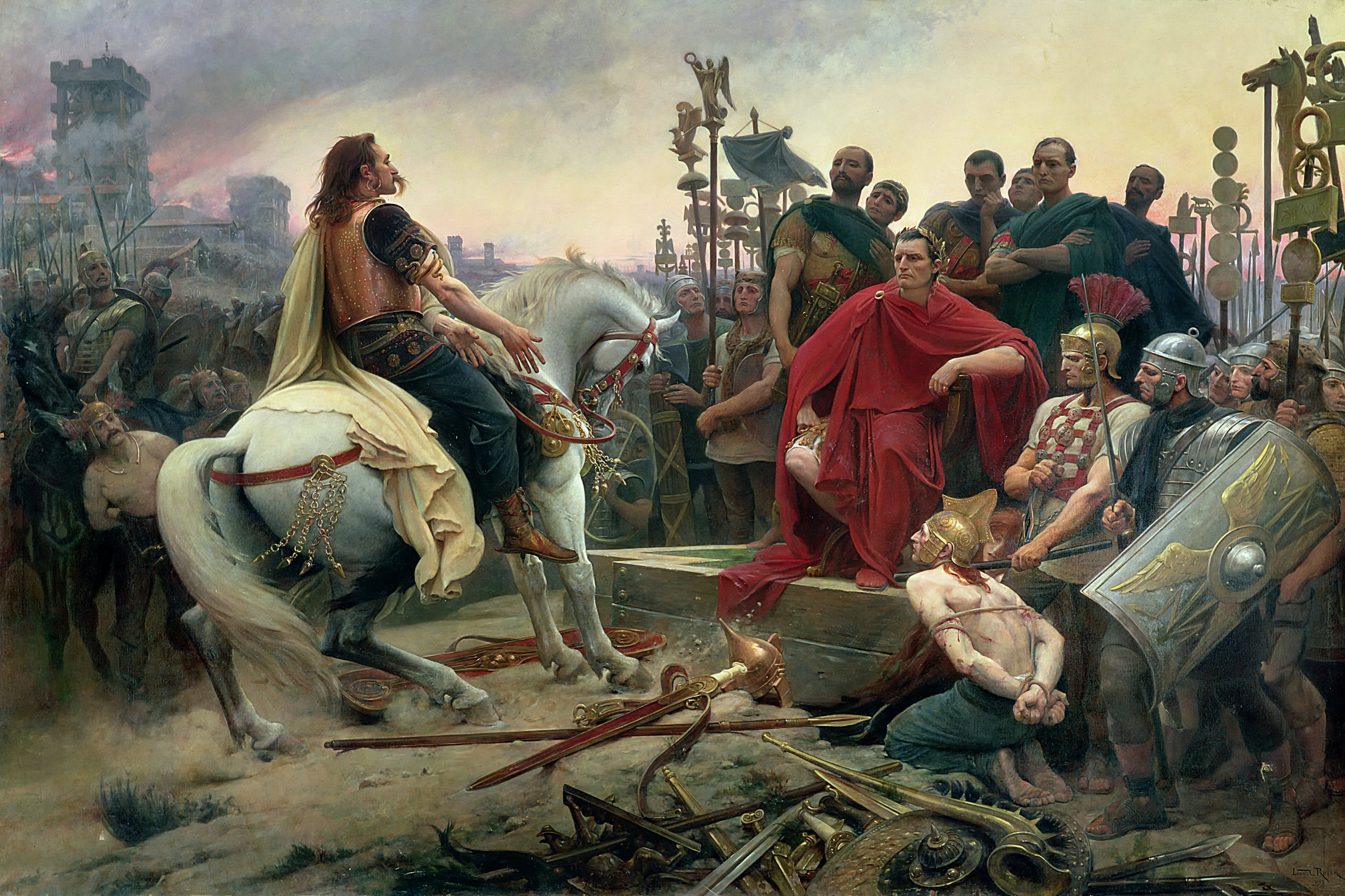 Vercingétorix à cheval jette ses armes aux pieds de Césard