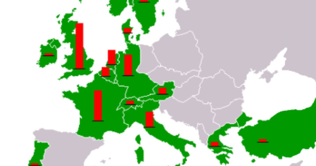 Carte de l'Europe occidentale représentant les pays bénéficiaires de l'aide américaine à la reconstruction après la Seconde Guerre mondiale, avec des barres proportionnelles aux montants reçus