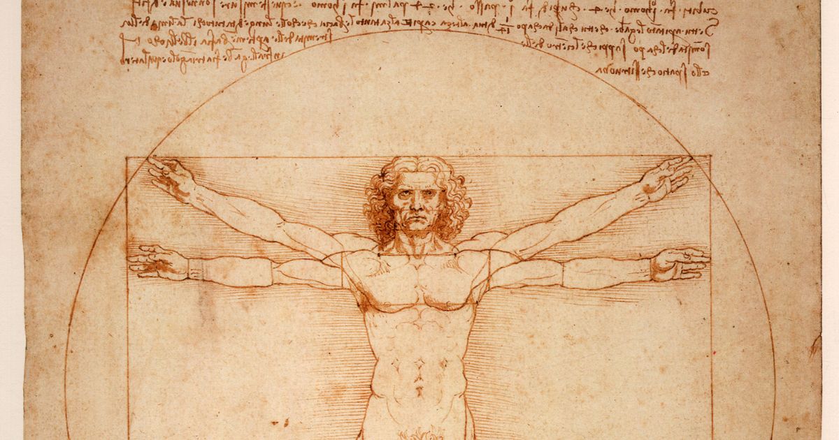 Dessin de l’Homme de Vitruve de Léonard de Vinci, représentant les proportions idéales du corps humain.